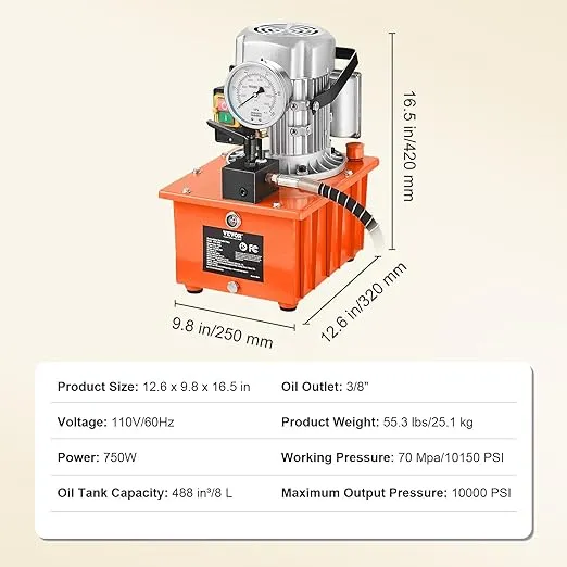 VEVOR Electric Hydraulic Pump Singel Acting Manual Valve, inches, Orange