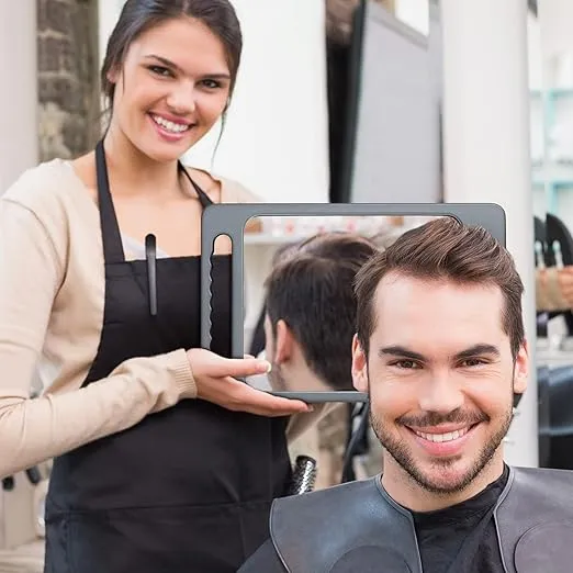TASALON Unbreakable Hand Mirror with Double Handle- Large Handheld Barber Mirror for Hair and beauty Salon - Durable Hand Held Mirrors for barbershop - Haircut Mirror with Double Handgrip- Silver Gray