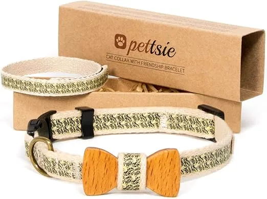 Pettsie Breakaway Cat Collar Bowtie, Matching Friendship Bracelet, Soft and Comfortable Cotton for Sensitive Skin, Carton Box, D-Ring for Accessories, Easy Adjustable Size 8-11 Inches, Black