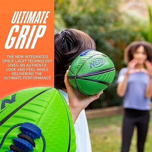 NERF Spiral Grip Football - Junior and Mini Sizes - Patented Spacelace for Ultimate Spirals - Machine Stitched Construction - Pump Included