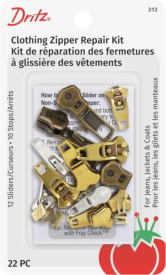 Dritz Clothing Zipper Repair Kit, 22 Count of Assorted Sliders & Stops