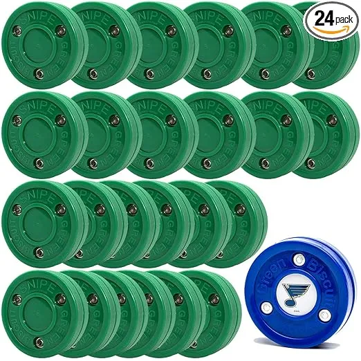 Green Biscuit 24 Pack New Snipe 2.0 Shooters Off Ice Hockey Puck- NHL Puck/GB Sticker- Street hockey Pucks- Official Standard Dimensions Diameter 3 Inch Width 1 Inch