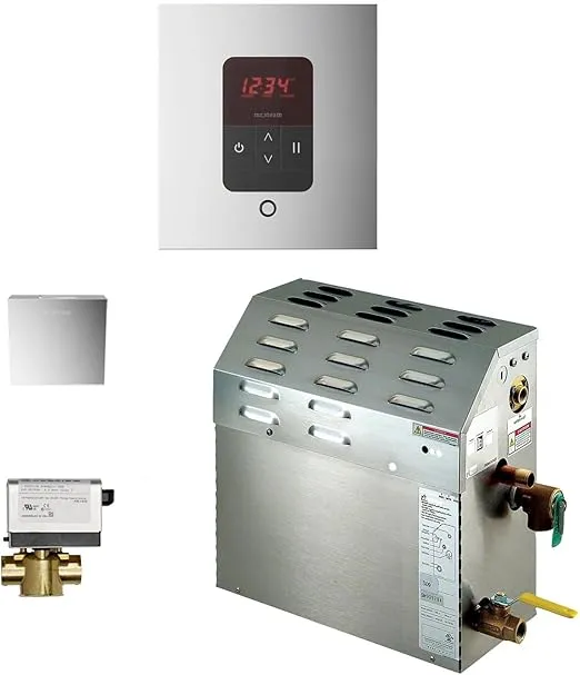 Mr.Steam eSeries MS150EC1 6kW Steam Bath Generator at 240V with iTempo Square Control Polished Chrome with matching AromaSteam SteamHead, and AutoFlush (max 107 cubic feet)