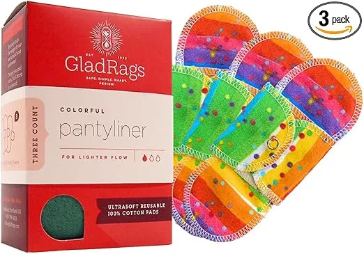 GladRags Reusable Pantyliner (3-Pack) - 100% Cotton Reusable Menstrual Pads, Washable Absorbent Pantyliners, Light Flow Period Pads, Washing Machine Safe