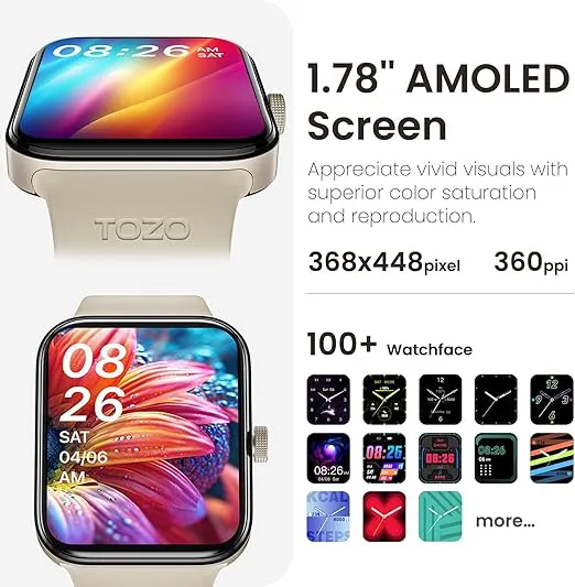 TOZO AMOLED S4 AcuFit One Smart Watch 1.78" Ultra-Clear Screen for Men Women, Call/Answer Fitness Tracker, Heart Rate Sleep Blood Oxygen Monitor IP68 Waterproof for iOS 11.0+ Android 9.0+ Gold