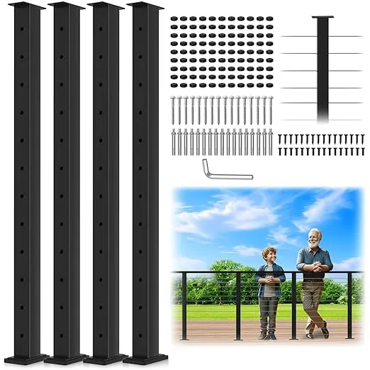 4Pack Cable Railing Post 42" (Post 41"x2"x2"), Fixed Top Mount Level Drilled Railing Post with Cable Grommets, Stainless Steel Level Line Post Handrail Post, Black Finish Flat Top Deck Post