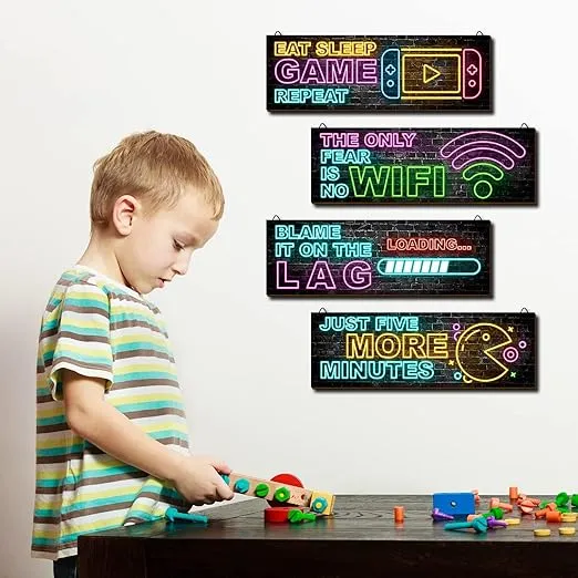 clothmile 4 Pcs Neon Gaming Decor for Boys Room Wooden Video Game Wall Art Motivational Quote Gamer Hanging Plaques Inspirational Wall Decor for Boys Kids Room Bedroom Playroom Decorations (b)