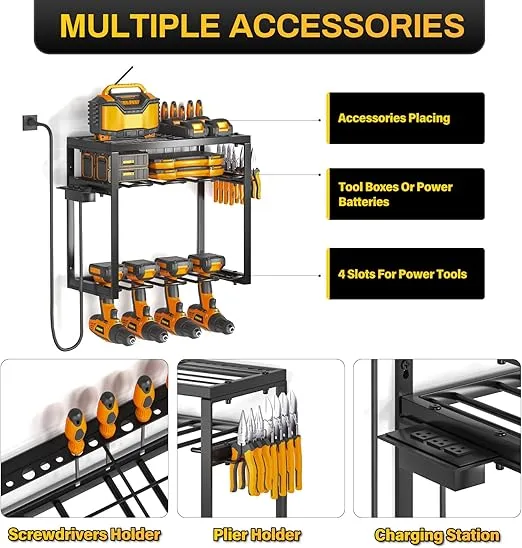 Power Tool Organizer Wall Mount, 3 Layers Drill Holder With Charging Station, Heavy Duty Garage Tool Storage，Utility Racks Shelf for Tool Batteries, Screwdriver, Wrench