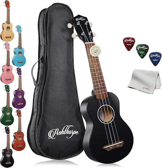 Ashthorpe Soprano Ukulele for Beginners - Black, 21-inch 4 String Uke Starter Bundle Kit for Kids with Gig Bag, Cloth, and Picks