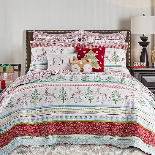 Levtex Home Merry & Bright Collecion - Comet and Cupid Quilt - Twin - Holiday Deer and Christmas Trees - Red Green White Teal - Quilt (66x86in.) - Reversible - Microfiber