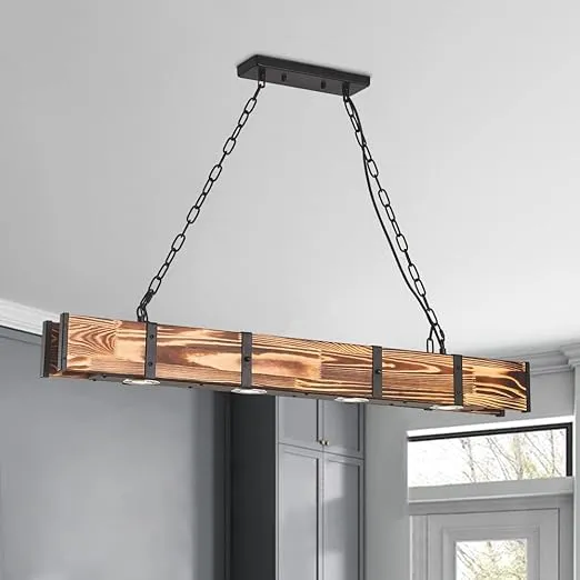 Maxax 4 Lights Kitchen Island Lighting, Led 4000K Farmhouse Linear Chandelier for Dining Room Pool Table Pendant Light Fixture, Rustic Wood Grain Finish, 39.3'' Industrial Pendant Light, Bulb Include