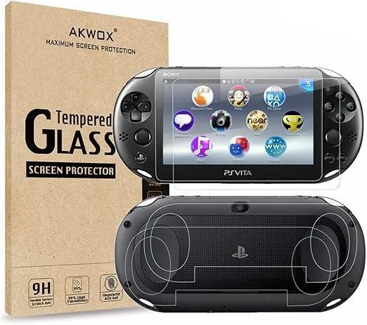 (4-Pack) 2 Front+2 Back Covers Screen Protectors for Sony PlayStation Vita 2000, Akwox 9H Tempered Glass Front Screen Protector and HD Clear PET Back Screen Protective Film for PS Vita PSV 2000