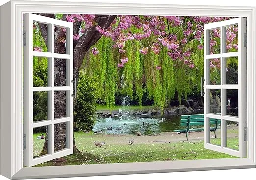 wall26 Canvas Print Wall Art Window View to Cherry Blossoms & Ducks in Park Nature Wilderness Photography Realism Rustic Landscape Colorful Multicolor Ultra for Living Room, Bedroom, Office - 24"x36"