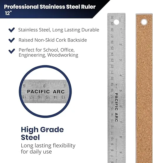 Pacific Arc Stainless Steel 12 Inch Metal Ruler Non-Slip Cork Back, with Inch and Metric Graduations