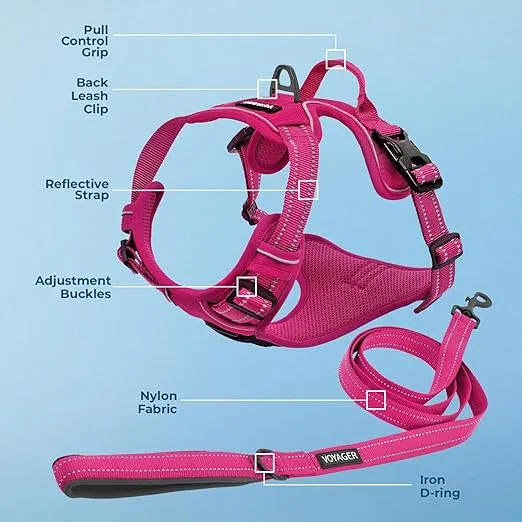Voyager Dog Harness Dual Leash Attachment No-Pull Control Adjustable Soft but Strong Pet Harness for Medium and Large Dogs with 3M Reflective Technology - Harness Leash Set (Fuchsia), M