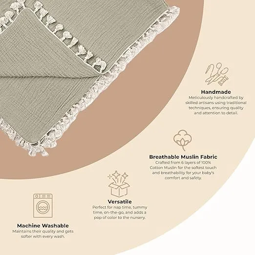 Crane Baby Muslin Swaddle Blanket, Soft Cotton Lightweight Nursery and Stroller Blanket for Baby Boys & Girls, Fern Green, 30" x 40"