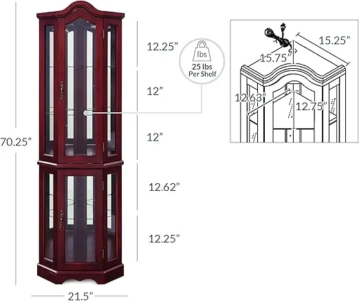 BELLEZE Lighted Corner Display Curved Top Curio Cabinet Wooden Shelving Unit with Tempered Glass Door, Bar and Liquor Storage Area with 5 Shelves - Loraine (Cherry)
