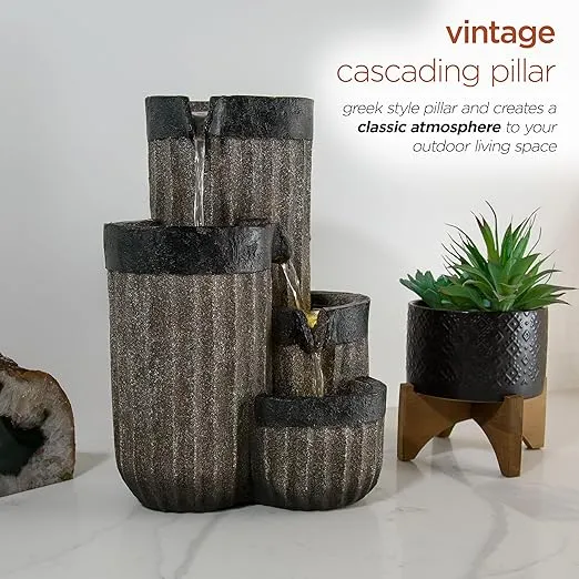 Alpine Corporation 14" Tall Cascading Tabletop Fountain Decoration with LED Lights, Gray