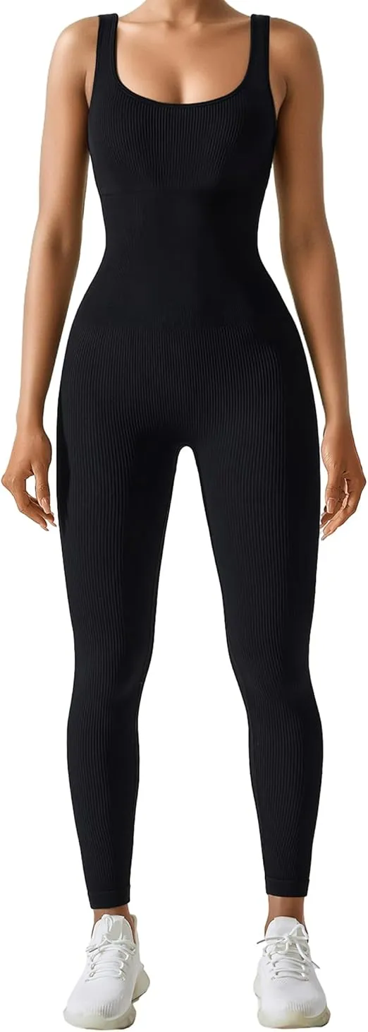 AURUZA Jumpsuit for Women Workout Seamless Jumpsuits Yoga Ribbed One Piece Tank Tops Rompers Sleeveless Exercise Jumpsuits