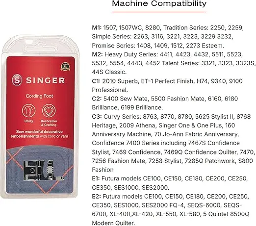 SINGER Cording Presser Foot | Decorative Stitching & Surface Embellishments | Works with Cords, Braids, Floss & Yarn | 3-Hole Guide for Creative Stitching