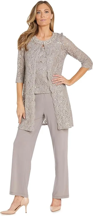 R&M Richards Women's Embellished 3 Pc Lace Pant Suit