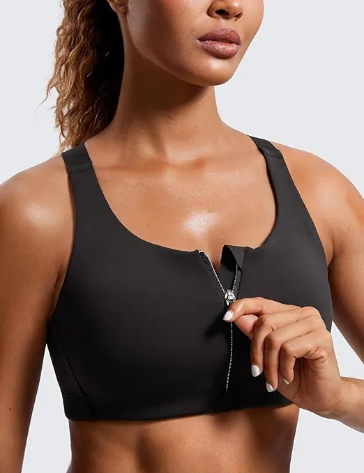 CRZ YOGA Womens Zip Front High Impact Sports Bra - Molded Cup Wireless Workout Yoga Bra with Adjustable Convertible Straps