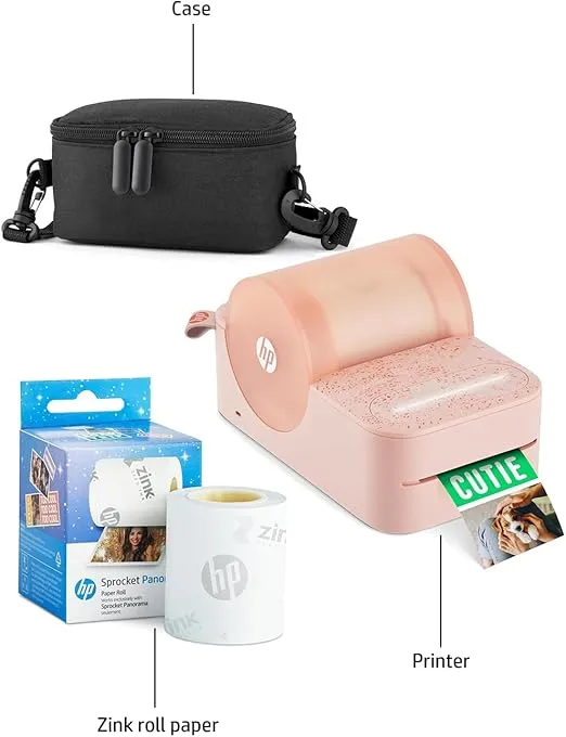 HP Sprocket Panorama Instant Portable Color Label & Photo Printer (Pink) Starter Bundle with case Zink roll