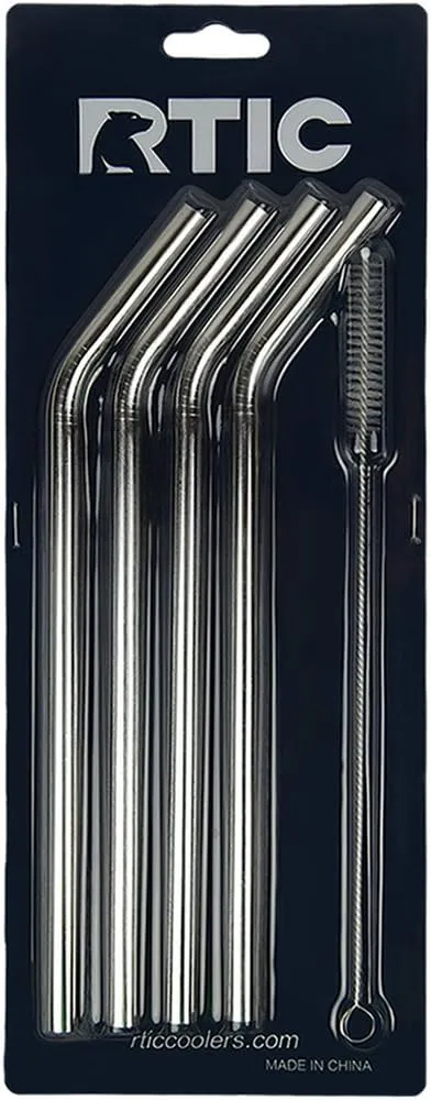 RTIC Stainless Steel Straws, 4 Pack, 10" Long Metal Drinking Straws with Cleaning Brush, Compatible with RTIC 20 oz& 30 oz Tumblers