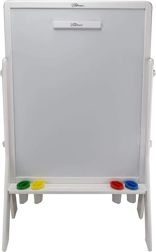 Little Partners Contempo Art Toddler Easel - Adjustable Two-Sided Paint Station for Kids with Chalk Board, Magnetic Dry Erase Board, Paper Holder, Paint Containers (White/Black Board, Soft White)
