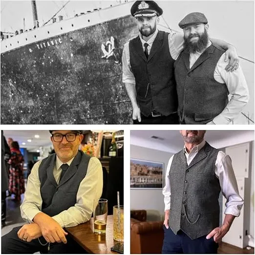 Tuikayoo Men's Tweed Suit Vintage Vest Herringbone Wool Prom Waistcoat Groomsmen