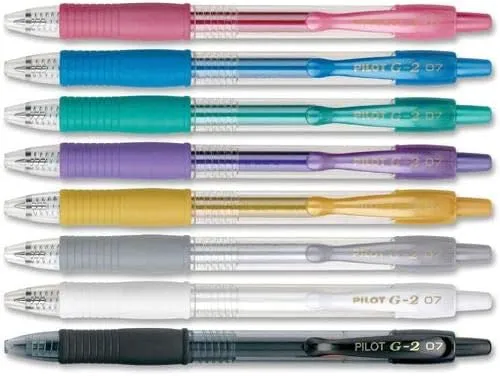 Pilot, G2 Metallics Gel Roller Pens, Fine Point 0.7 mm, Assorted Colors, Pack of 8