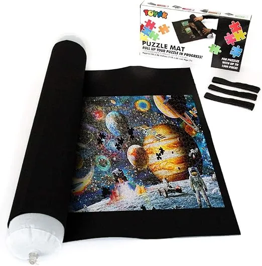 Jigsaw Puzzle Roll Up Mat Storage Saver - Sort, Store & Transport Puzzles Up to 1500 Pieces - Large 46"x26" Felt Mat Travel Organizer with Inflatable Tube & 3 Elastic Fasteners or Straps Accessories