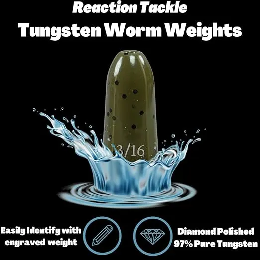Reaction Tackle Tungsten Worm Weights for Bass Fishing - Bullet Shaped Sinkers/Fishing Weights - for Texas Rig and Carolina Rig/Size Stamped on Weights