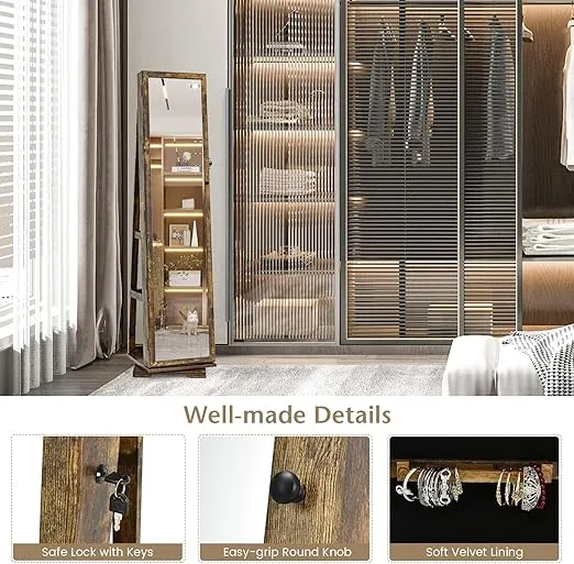 COSTWAY 360 Rotating Jewelry Armoire Cabinet, Standing Jewelry Organizer w/Full-Length Mirror & Large Storage Space, Lockable Mirror Jewelry Cabinet for Girls Women (White)