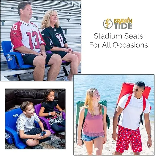 BRAWNTIDE Stadium Seat with Back Support - Comfy Cushion, Thick Padding, 2 Steel Bleacher Hooks, 4 Pockets, 2 Cup Holders, Reclining Back, Ideal Chair for Sport Events, Beaches, Camping, Concerts