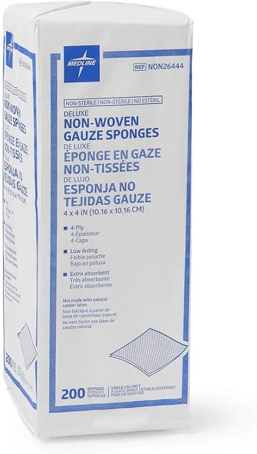 Medline Deluxe Gauze Sponge, Non-Sterile, Nonwoven, Absorbent, Low Linting, Fast Wicking, 4-Ply, 4" x 4" (Pack of 2000)