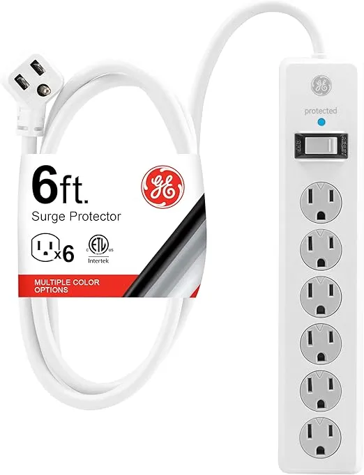 GE 6-Outlet Surge Protector, 6 Ft Extension Cord, Power Strip, 800 Joules, Flat Plug, Twist-to-Close Safety Covers, Protected Indicator Light, UL Listed, White, 67051