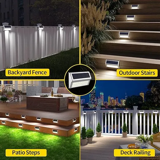 ROSHWEY Solar Lights Outdoor, 10 Pack 30 LED Fence Lights Waterproof Solar Powered Deck Post Lamps Stainless Steel Outside Step Lighting for Backyard Yard Walkway Stairs, Cool White Light