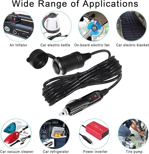 12V Cigarette Lighter Extension Cord 12FT -Car Charger Cigar Lighter Male Plug to Female Socket 18AWG Heavy Duty Extension Cable with LED Lights Extender for Air Compressor Pump and Tire Inflator 15A