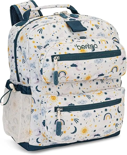 Bentgo Kids Backpack - Lightweight 14” Backpack in Fun Prints for School, Travel, & Daycare, Ideal for Ages 4+, Roomy Interior, Durable & Water-Resistant Fabric, & Loop for Lunch Bag (Friendly Skies)