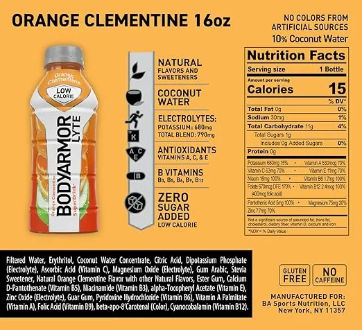 BODYARMOR LYTE Sports Drink Low-Calorie Sports Beverage, Orange Clementine - Orange Citrus, Flavors With Vitamins, Potassium-Packed Electrolytes, Perfect For Athletes, 16 Fl Oz (Pack of 12)