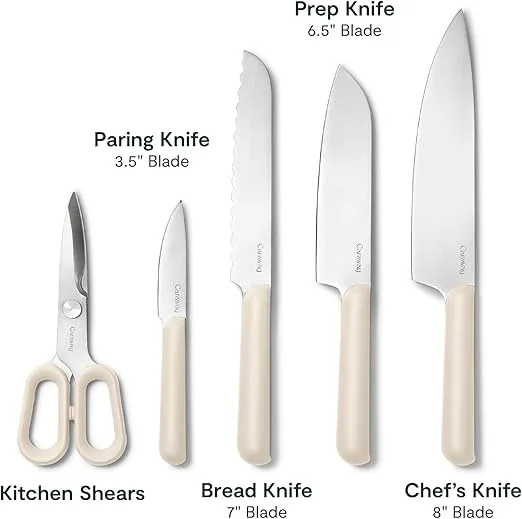 Caraway 5 Piece Knife Set - Premium German Steel Blade Kitchen Knives - Ergonomic Handles - No Microplastics - Cream