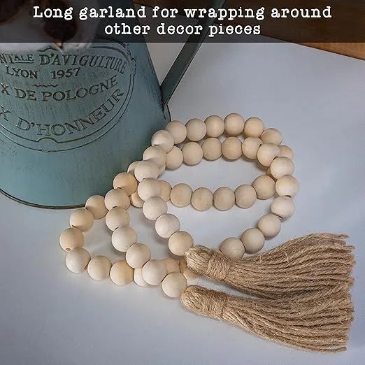 Decorative Wood Bead Garland Home Decor, Farmhouse Garland Beads with Tassel, Wooden Bead Garland Tier Tray Rustic Prayer Boho Bead Wood Garland Wooden Bead Garland Farmhouse Decor Boho Tassel Garland