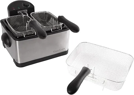 Deep Fryer - 4-Liter Electric Oil Fryer - 1 Large Basket and 2 Small for Dual Use - Stainless-Steel Cooker with Cool Touch Features by Classic Cuisine