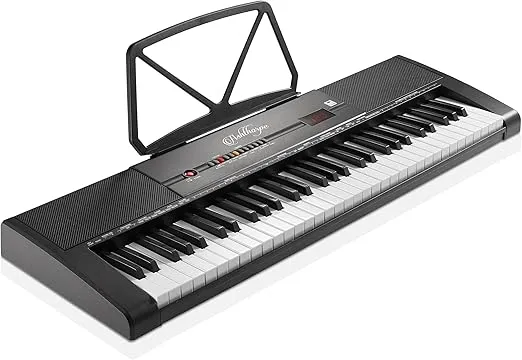 Ashthorpe 61-Key Digital Electronic Keyboard Piano with Light Up Keys, Includes Stand, Bench, Headphones, Mic and Keynote Stickers