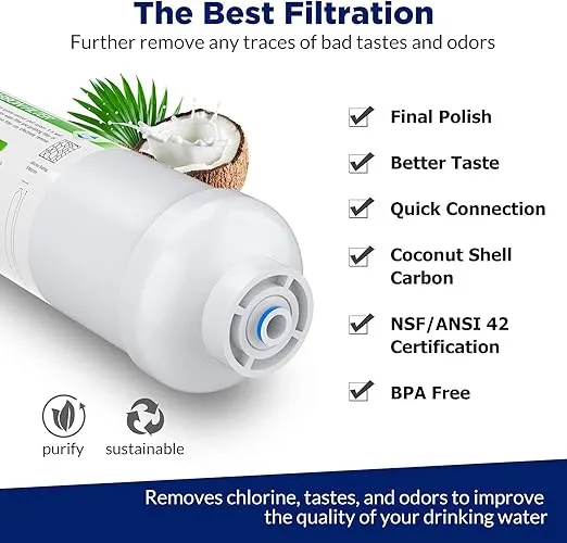 Membrane Solutions T33 Inline Water Filter, 1/4" Quick-Connect Filter Replacement Cartridge In-line Filter for Refrigerator & Ice Maker, Post-Carbon Filter for Reverse Osmosis Water System, 2-Pack