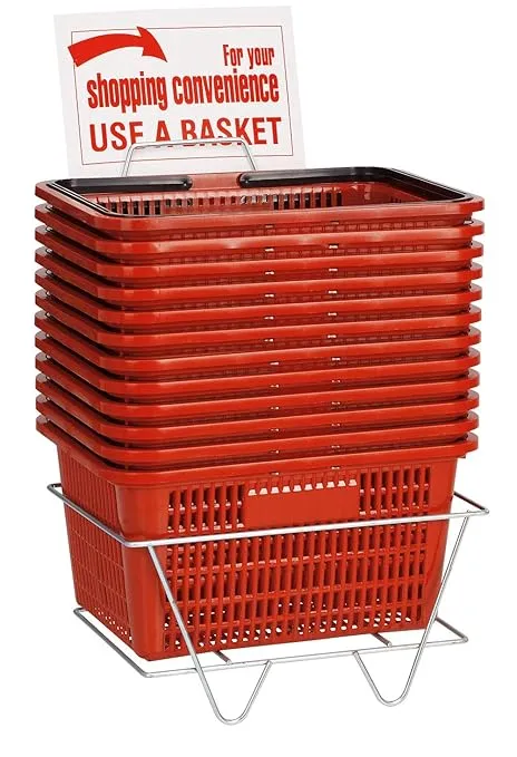 SSWBasics Red Shopping Baskets With Stand - Set of 12 - Basket Dimension 8-1/2"H x 12"W x 17"L - Perfect for Retail, Thrift, Grocery, and Convenience Stores - Holds 5 Gallons of Merchandise - Ideal