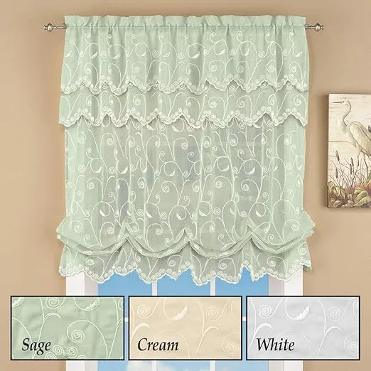 Collections Etc Sheer Balloon Curtain Shade with Scroll Pattern & Rod Pocket Top, 63" L x 54" W, White, 54" X 63"