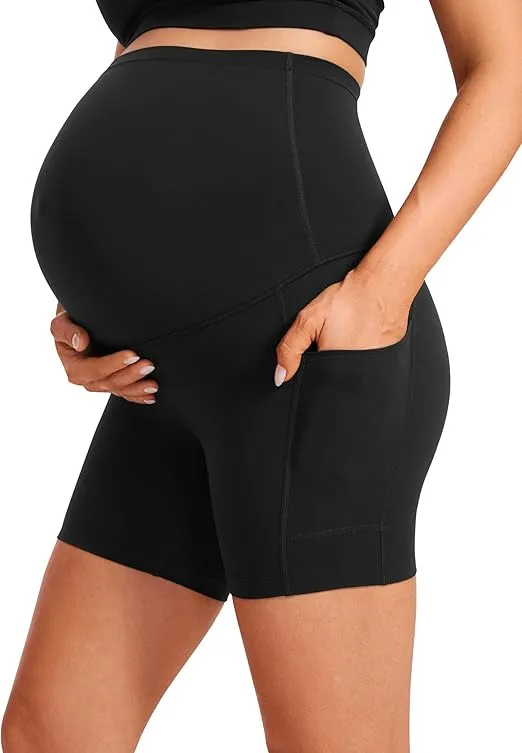 CRZ YOGA Womens Butterluxe Maternity Yoga Biker Shorts with Pockets 5" - Over The Belly Pregnancy Workout Athletic