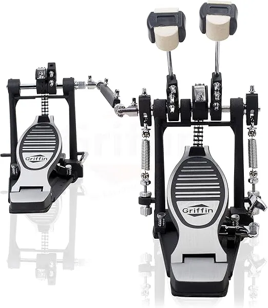Deluxe Double Kick Drum Pedal for Bass Drum by GRIFFIN | Twin Set Foot Pedal | Quad Sided Beater Heads | Dual Pedal Two Chain Drive Percussion Hardware | Impressive Response for Metal & Rock Drummers